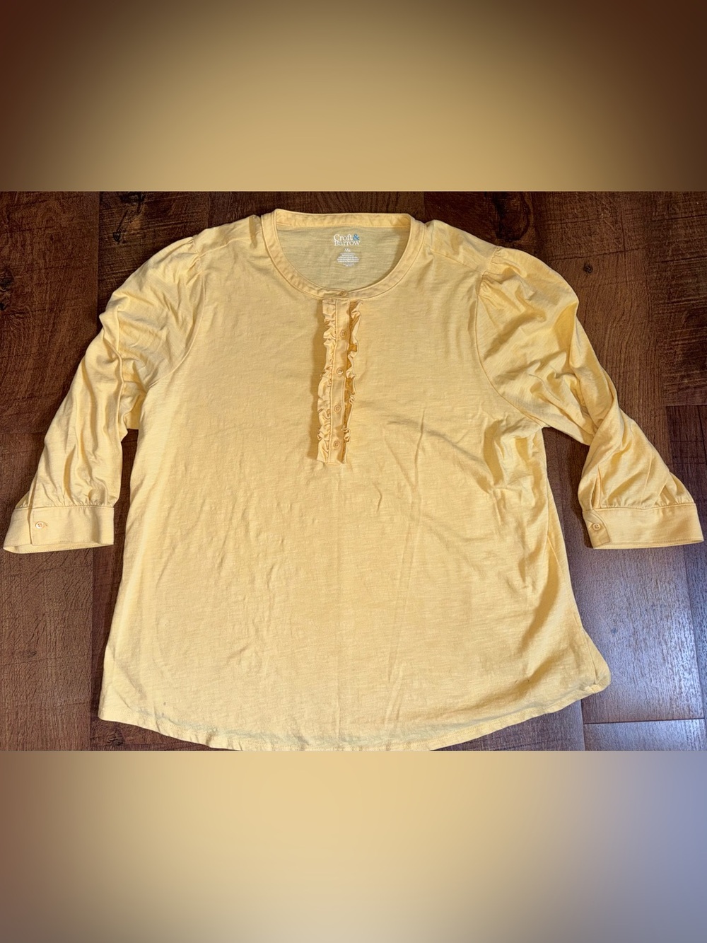 croft & barrow XXL Pale Yellow Ruffle Henley Tee 3/4 sleeves